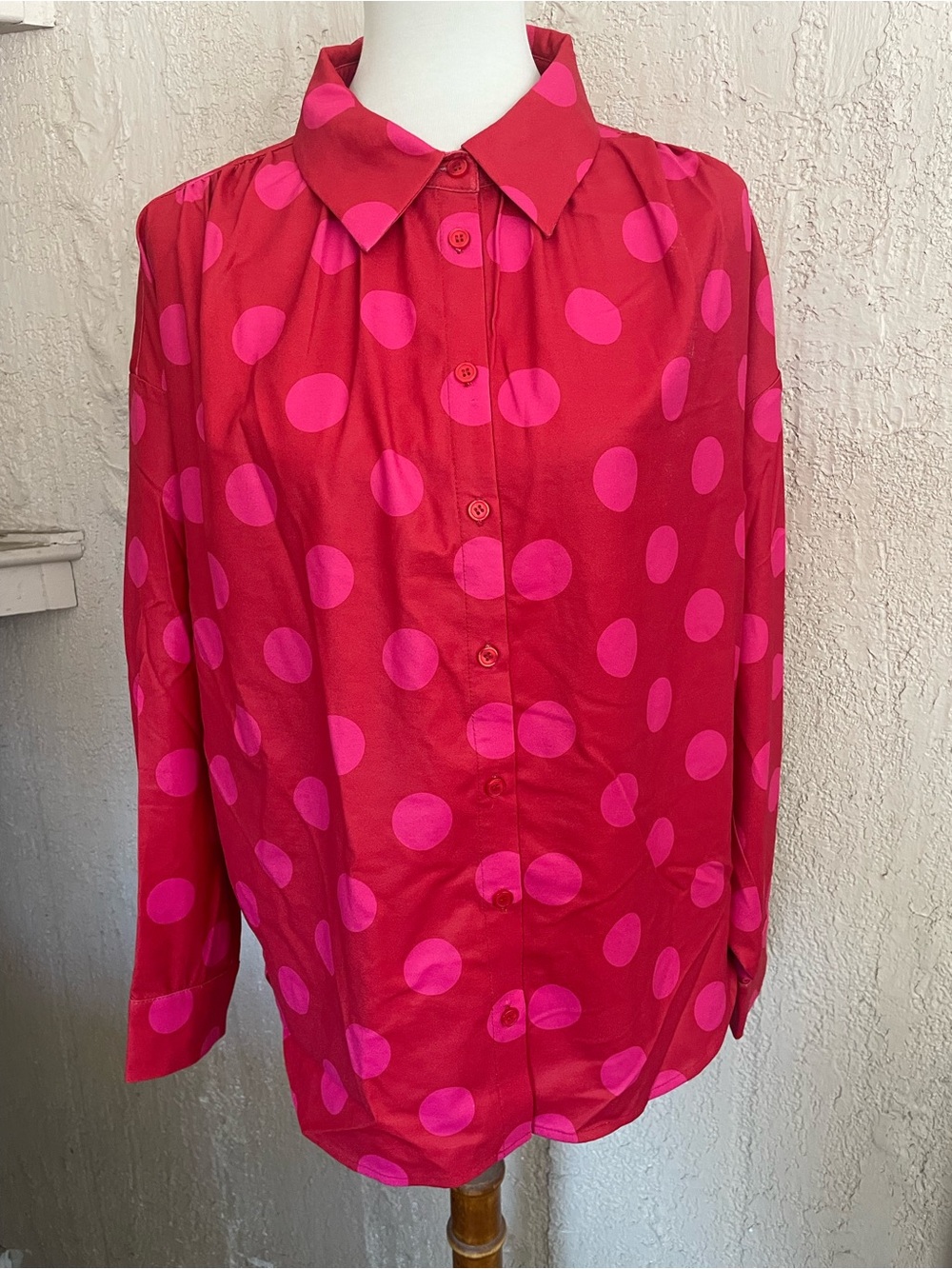 Jodifl Plus Size Women’s Red & Pink Polka Dot Button-Up Blouse